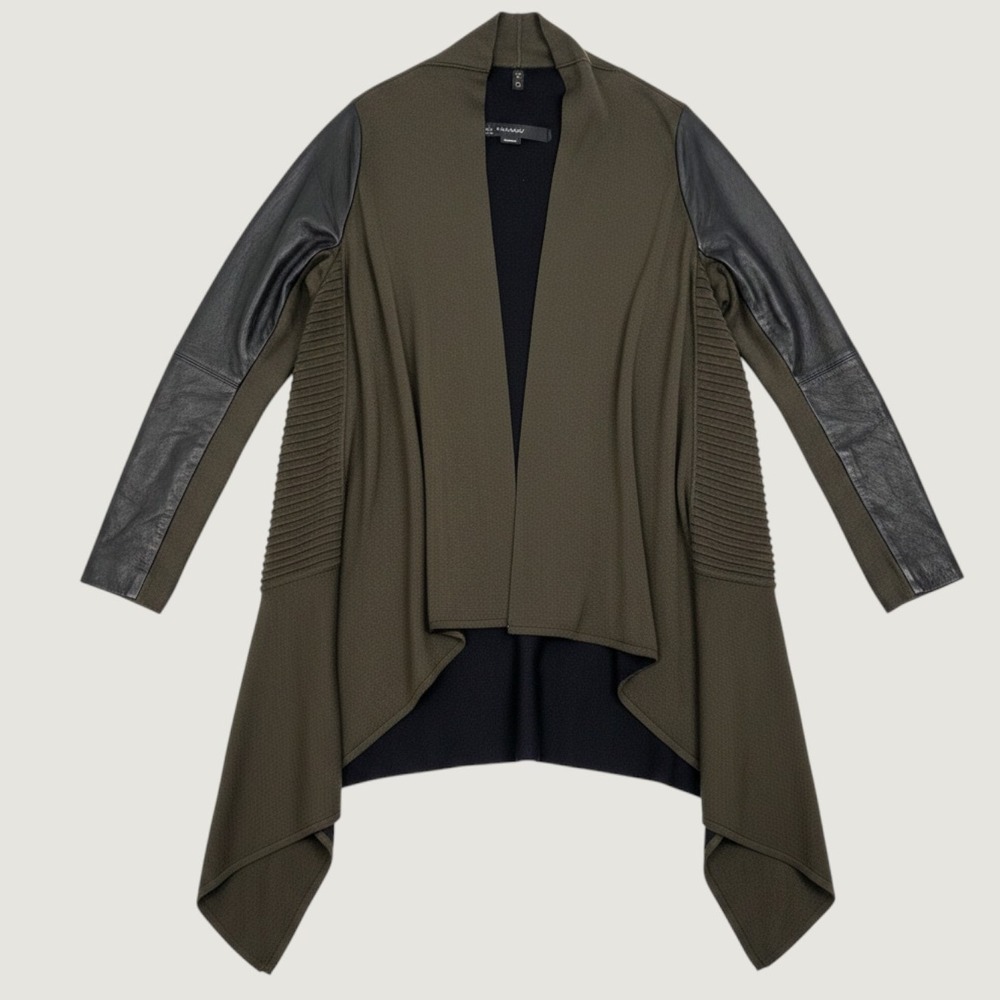 Yigal Azrouel Olive Green Lamb Leather Sleeve Open Front Waterfall Cardigan M